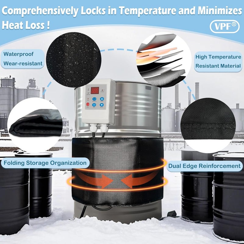 VPF 5 Gallon Bucket Heater Pro Kit - 800W 120V Drum Heating Blanket with 0-212℉ Adjustable Thermostat & 24H Timer, FCC/UL Certified Insulated Metal Barrel Heater for Propane Tanks, Industrial Barrels - Image 2